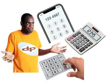 A man looking confused.  Next to him are a mobile phone with numbers on the screen, a calculator and the pin pad of a cash machine.