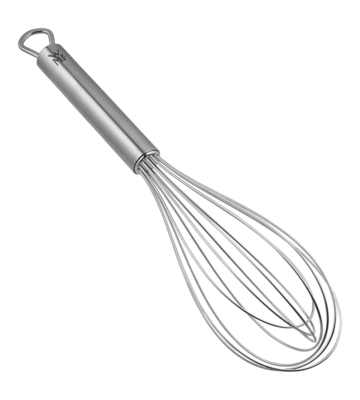 A stainless steel whisk