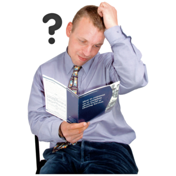 A man sitting on a chair reading a book scratching his head next to a question mark symbol