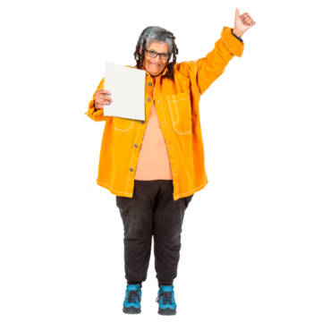 A woman holding a piece of paper in one hand whilst her other hand is raised with the thumbs up