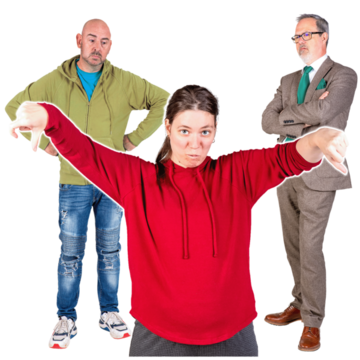 A woman with her thumbs down stands in front of a man in a suit and a man in causal clothes who has his hands on his hips
