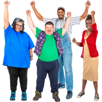 Four people smiling with their hands in the air