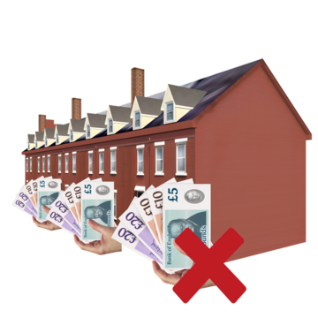 row of houses with three hands of money and a cross no