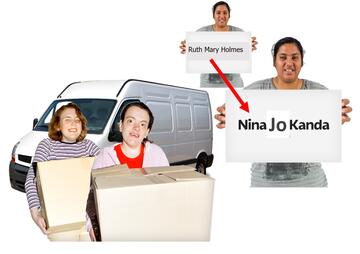 Two people carrying boxes from a van and a lady holding up 2 different name cards.