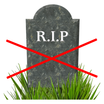 Graphic of a gravestone with RIP in white writing, with a red cross over it