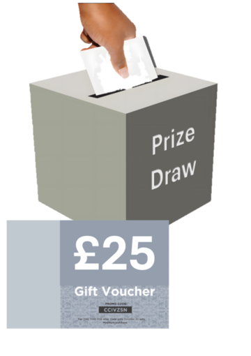 A hand putting a name into a prize draw box. Underneath is a picture of a £25 gift voucher