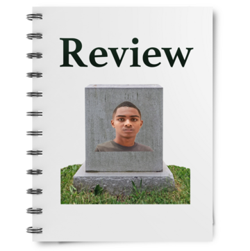 A cover of a report that says Review in black writing at the top with a graphic of a gravestone with a person's face on it below