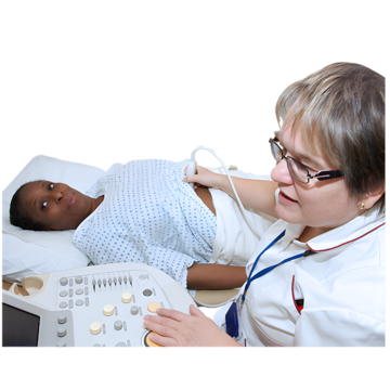 Healthcare professional performing an ultrasound on a patient lying in a hospital bed.