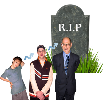 A child, adult, and older person next to a gravestone
