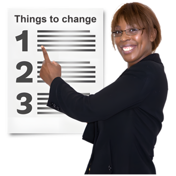 A woman pointing at a list called Things to change