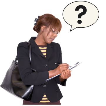 A woman writing on a clipboard with a question mark in a speech bubble above her