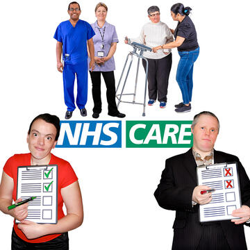 A woman and man holding clipboards, one with green ticks and the other with red crosses. Behind them are medical and social care professionals, with the NHS and Care logos underneath