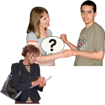 A woman with a clipboard and a question mark and a carer with a person she is supporting