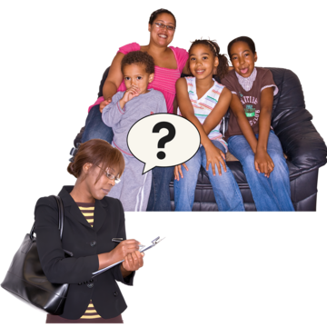 A woman with a clipboard and a question mark next to a family sitting on a sofa together