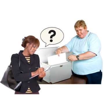 A woman with a clipboard and a question mark next to a woman opening a box of paper files