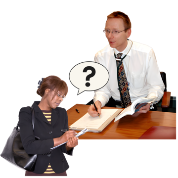 A woman with a clipboard and a question mark with a doctor