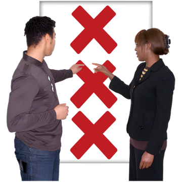 Two people pointing at a board with three red crosses on it