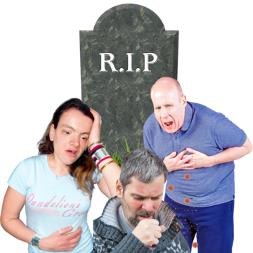 People showing signs of being ill in front of a gravestone