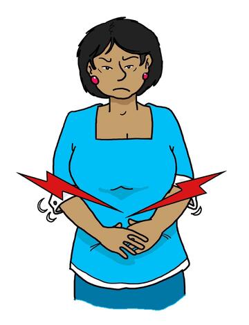 A drawing of a  woman holding her stomach in pain