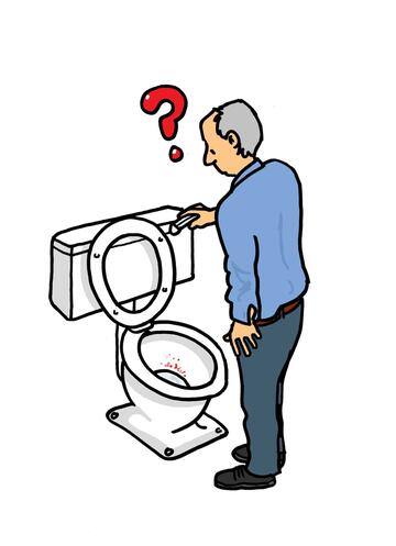A drawing of a man standing at a toilet with the lid open with a question mark
