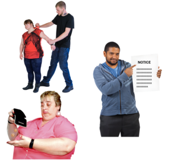 A photograph of someone hurting somebody, another photo shows a man pointing to a Notice letter from their landlord, and another photo shows a woman with no money in her purse