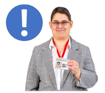 A woman holding up an identity badge with a warning alert sign next to her