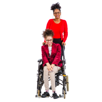 A woman is pushing another woman in a wheelchair