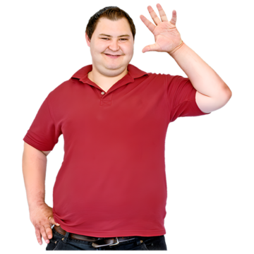 A man smiling and waving wearing a red shirt