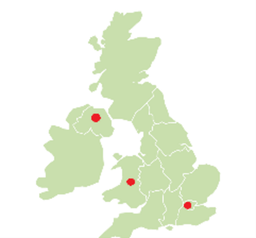 A map of the UK with three red dots on it. One dot shows where London is, another shows where Northern Ireland is and the last dot shows where Wales is