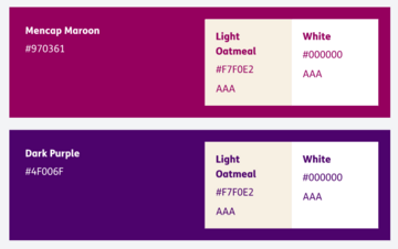A picture of Mencap colours: maroon, light oatmeal, and dark purple