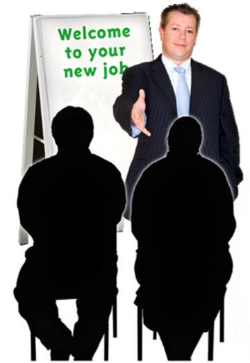 A picture of a man with a flipchart who has his hand outstretched to two people sitting looking at him. The flipchart says  Welcome to your new job