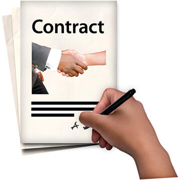 A hand signing pieces of paper which have the word contract at the top and 2 people shaking hands.