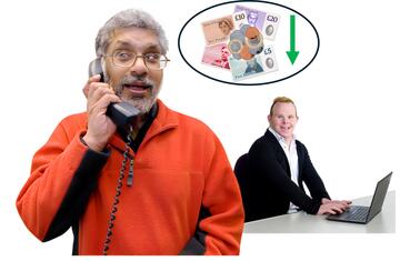 A man on the phone and a man on a laptop. Between them is some money and a downwards pointing arrow in a circle.