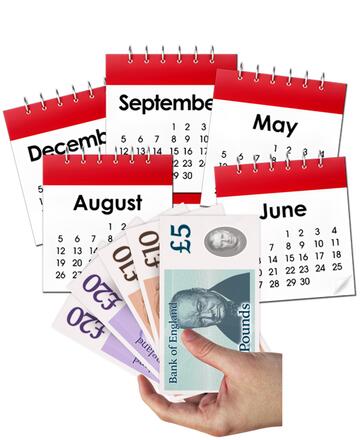 A hand holding some money in front of some calendar months.