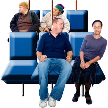 A woman leaning away from the man sitting next to her on the bus.