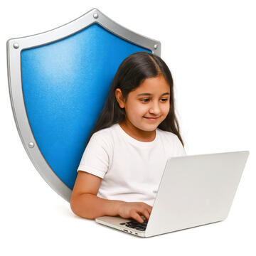 A young girl sitting at a laptop with a shield behind her.