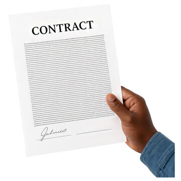 A hand holding a piece of paper which says contract and has lots of writing and a signature on it.