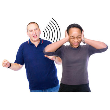 A man shouting and a lady with her hands over her ears.