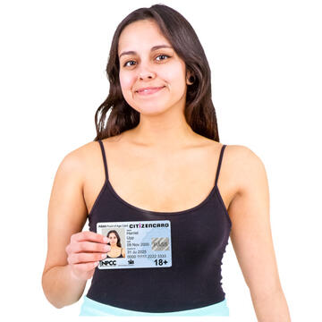 A lady holding a PASS proof of age card.
