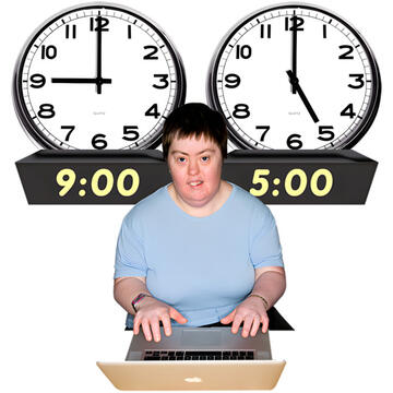 A woman sitting in front of a laptop with clocks showing 9 o'clock and 5 o'clock behind her.