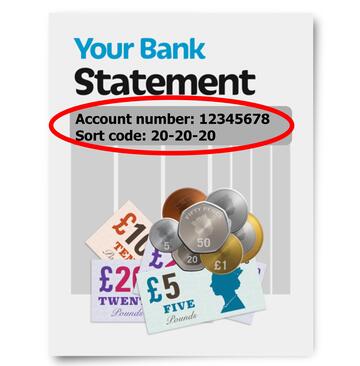 A bank statement with a red circle around the account number and sort code.