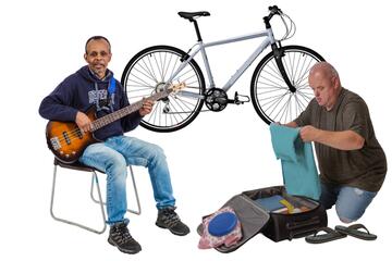 A man playing a guitar, a bike and a man packing a suitcase.