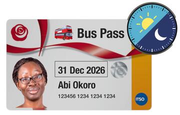 A bus pass with a clock showing the sun and the moon.