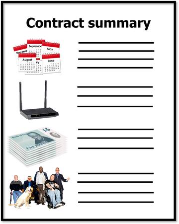 A sheet of paper with the heading contract summary and images of writing, months from a calendar, a router, some money and a group of people.