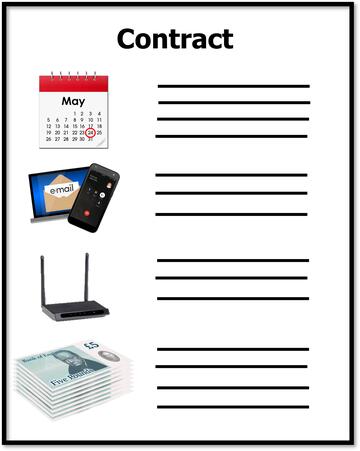 A piece of paper with the word contract at the top and images of writing, a calendar, a phone and email, a router and some money.