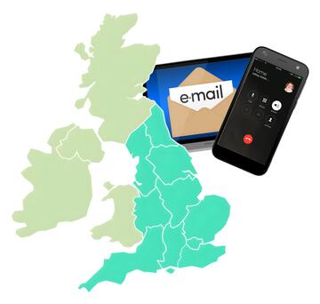 A map with England highlighted and a mobile phone and email.