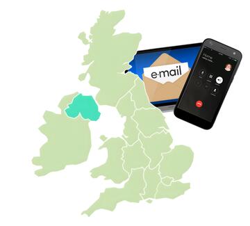 A map with Northern Ireland highlighted and a phone and email beside it.