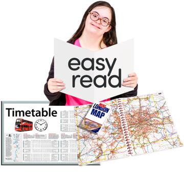 A woman holding up a sign that says easy read.  In front of her is a timetable and a map.