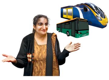 A woman shrugging her shoulders with a train and a bus behind her.