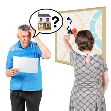A man looking at a piece of paper and scratching his head.  He has a speech bubble with a house and a question mark in it.  Beside him is a woman pointing to a map.